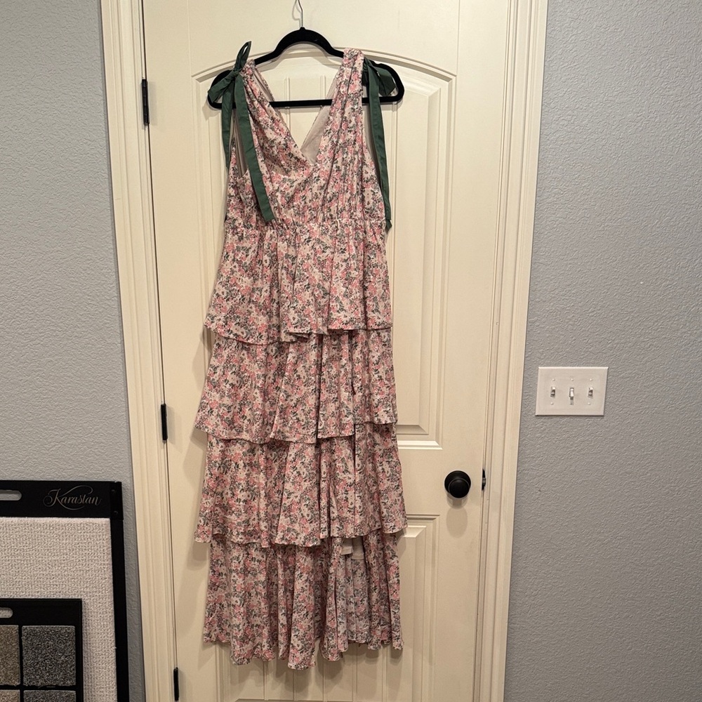 Entro Pink Floral Tiered Maxi Dress with Green Straps